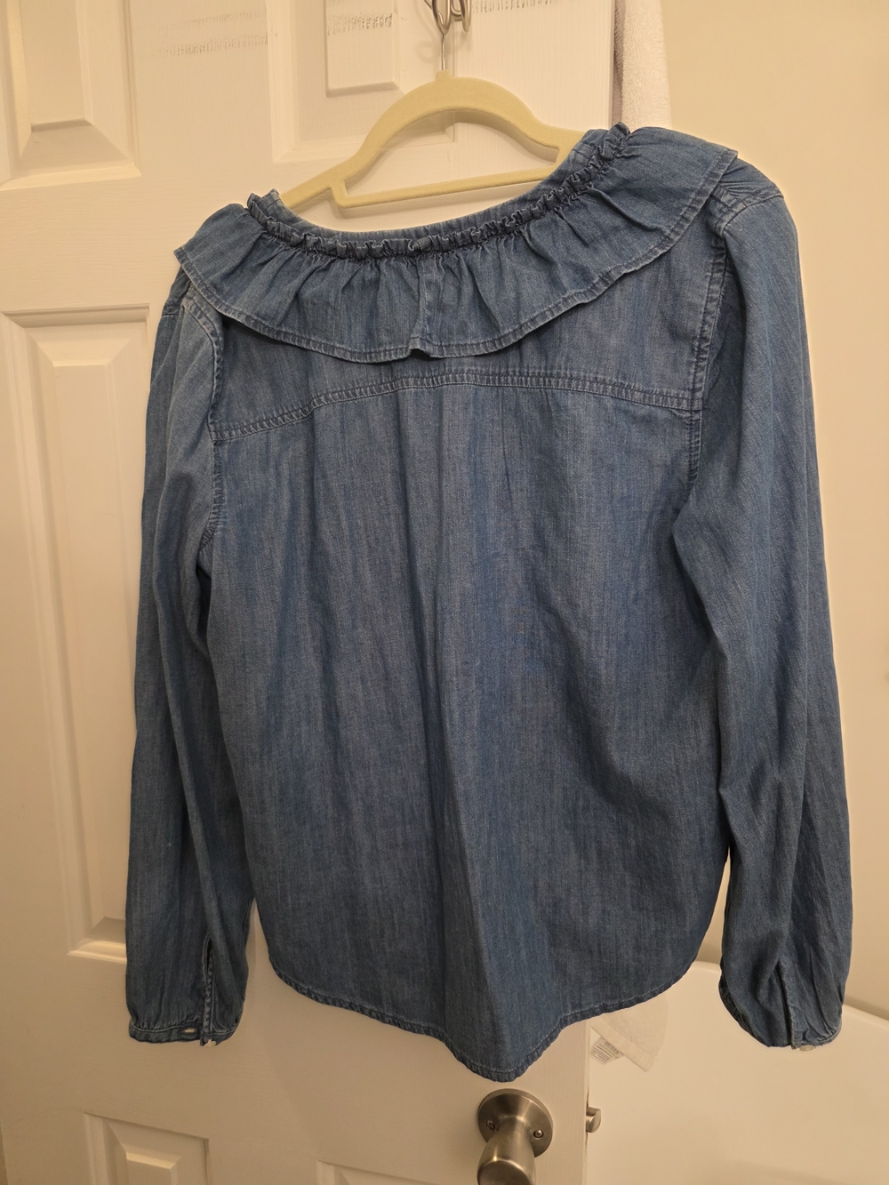 LOFT Light Blue Ruffle Denim Button-Down Shirt - Picture 2 of 2